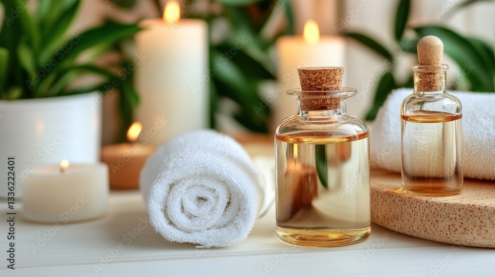 An elegant aromatherapy spa room with essential oils, candles, and a calming atmosphere for relaxation. An elegant aromatherapy spa room with essential oils, candles, and a calming atmosphere for relaxation.