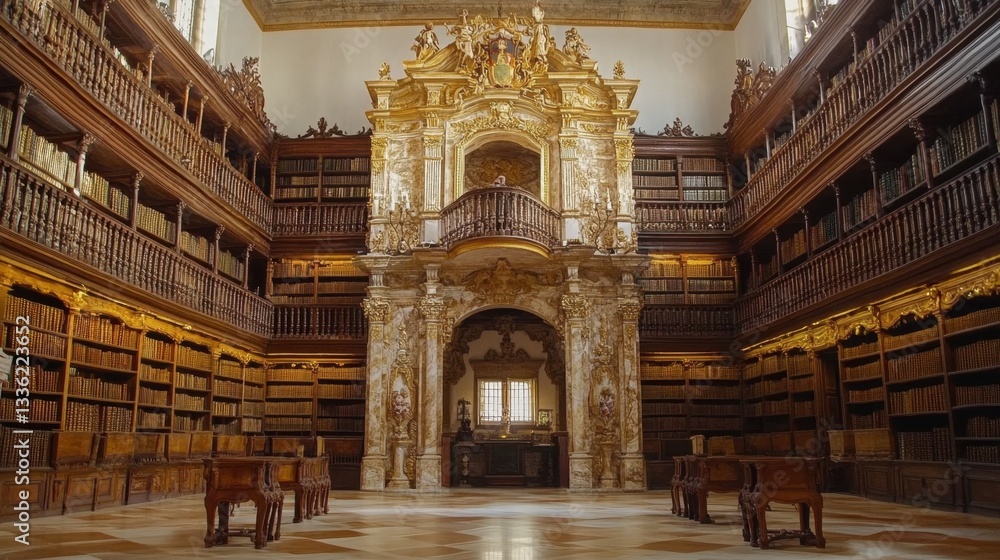 Obraz premium A centuries-old library with wooden bookshelves, historical manuscripts, and warm lighting.