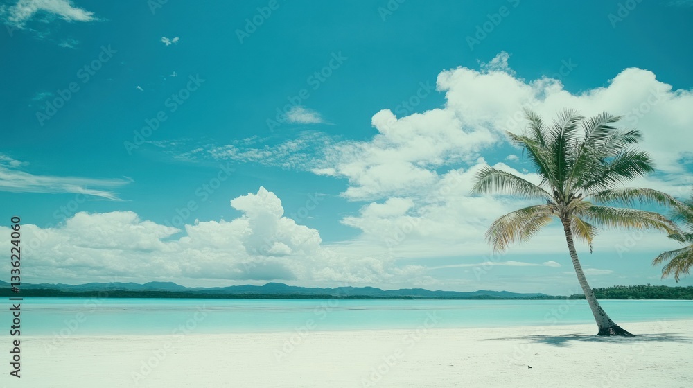 Obraz premium Beautiful tropical beach with a palm tree and sky