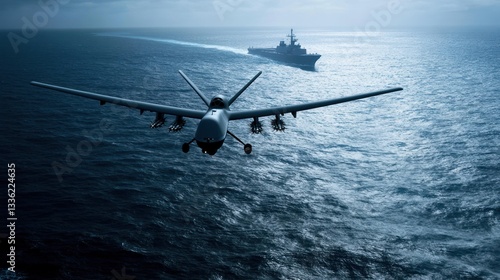 Aerial Surveillance: Navy Drone Patrolling the Ocean with Warship in the Distance