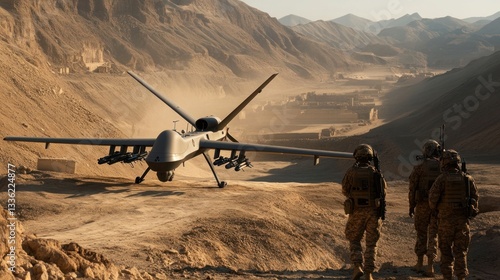 Military drone ready for action as soldiers watch over the arid landscape