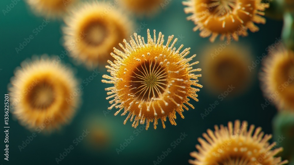 Microscopic orange sphere shapes are viewed in this medical imagery