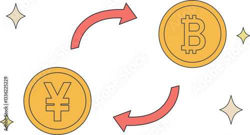 Vector illustration of exchange rate. Yen and cryptocurrency bitcoin.