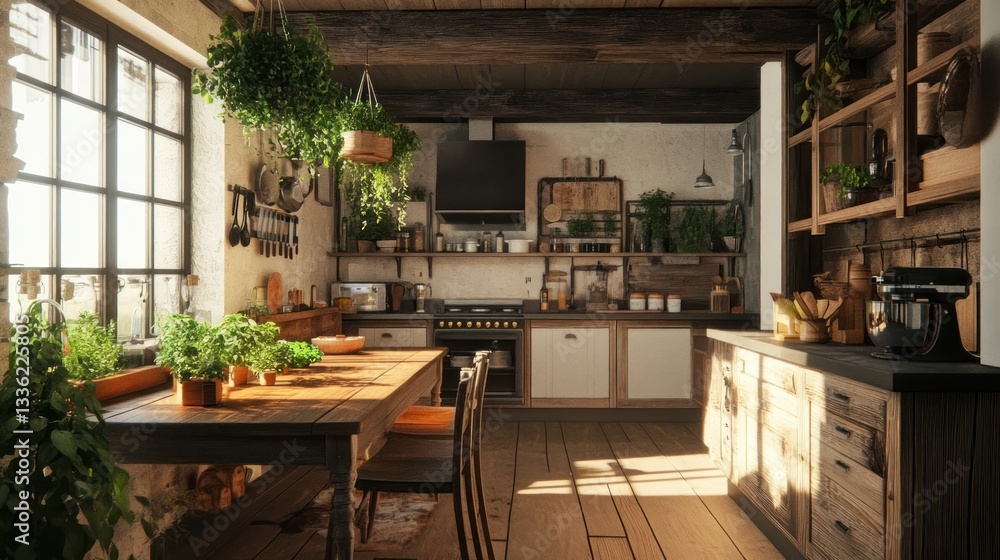 Sunlit Rustic Kitchen Interior with Abundant Greenery and Natural Wood Details Sunlit Rustic Kitchen Interior with Abundant Greenery and Natural Wood Details