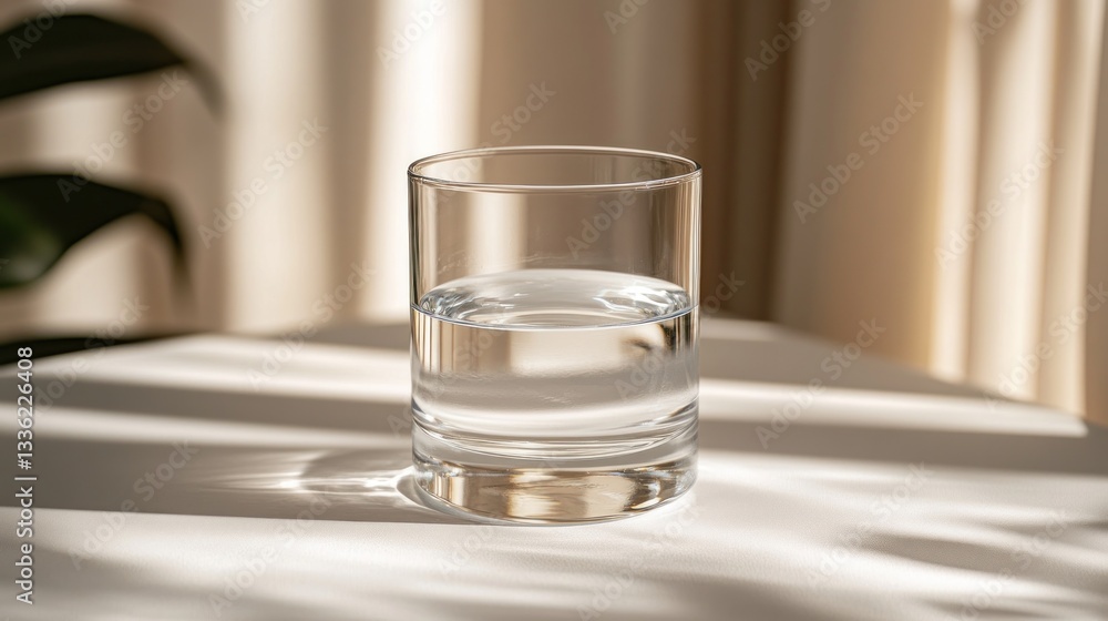 Half-full glass of water on a table by a window Half-full glass of water on a table by a window