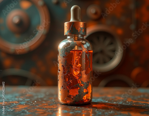 A copper peptide serum housed in an oxidized metal vial with patina gradients, set in moody industrial loft lighting.