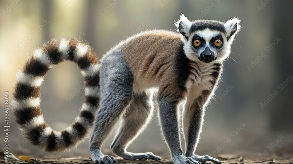 Fototapeta premium A Ring Tailed Lemur Stands Alertly In A Natural Setting
