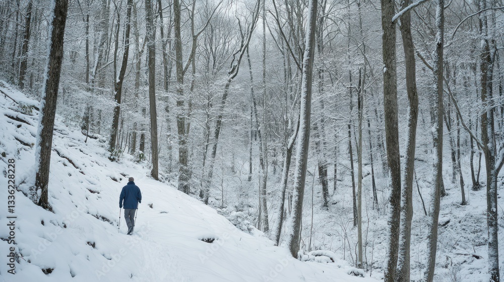 A person walks alone through a snowy forest landscape A person walks alone through a snowy forest landscape