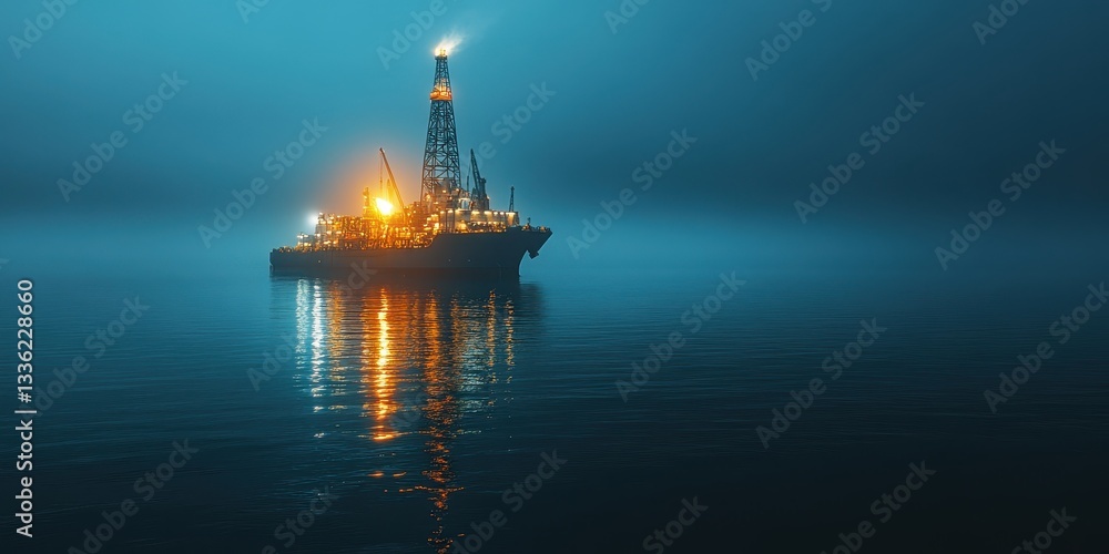 Fototapeta premium High-tech drillship anchored in calm waters, showcasing advanced marine technology and serene oceanic beauty.