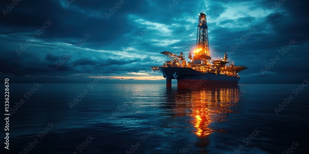 Fototapeta premium High-tech drillship anchored in calm waters, showcasing advanced marine technology and serene oceanic beauty.