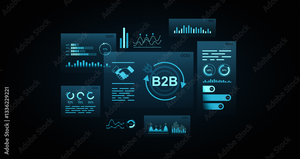 Fototapeta premium B2B business dashboard with futuristic blue neon UI elements and digital analytics charts. 3D Rendering