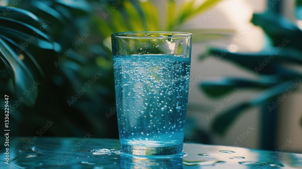 A tall glass of water with many tiny bubbles is shown