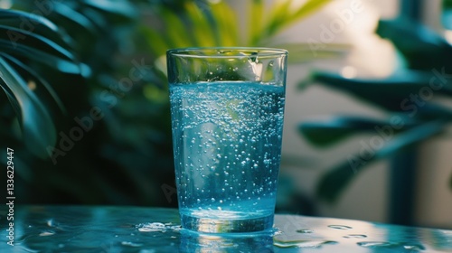 Obraz na płótnie A tall glass of water with many tiny bubbles is shown w salonie