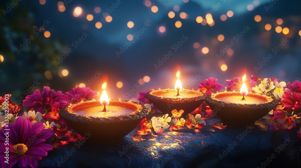 Lit diyas amidst colorful petals, glowing warmly. Perfect for Diwali, festivals, or peace themes. Lit diyas amidst colorful petals, glowing warmly. Perfect for Diwali, festivals, or peace themes.