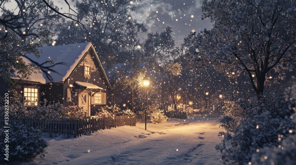 Naklejka premium In the silence of the evening, the gentle embrace of falling snow creates a peaceful and calming atmosphere, turning the world into a winter paradise