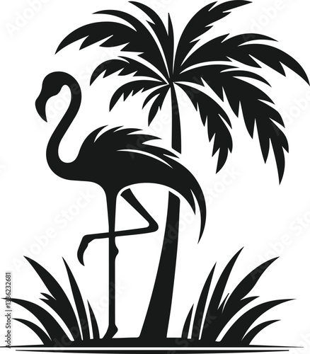 silhouette of flamingo dancing with a palm tree