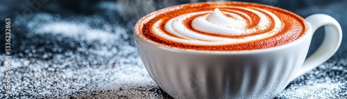 A white cup of coffee topped with decorative foam is present