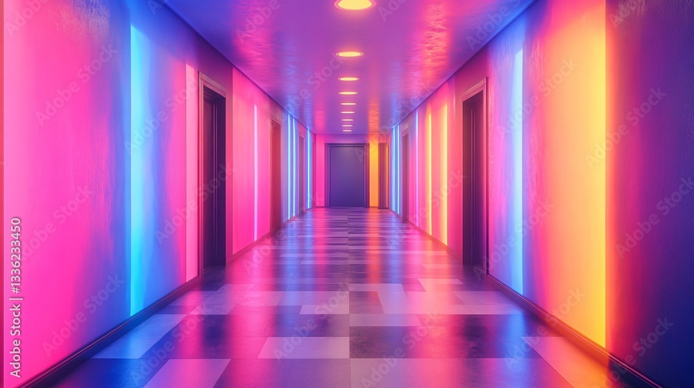 A brightly illuminated hallway with colorful walls and closed doors A brightly illuminated hallway with colorful walls and closed doors