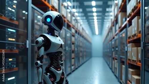 Wallpaper Mural a robot standing in a storage room, with rows of shelves filled with packages Torontodigital.ca