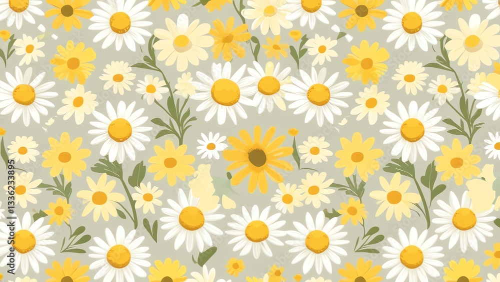 A Charming Seamless Pattern of Daisies and Flowers in Yellow and White on a Grey Background A Charming Seamless Pattern of Daisies and Flowers in Yellow and White on a Grey Background