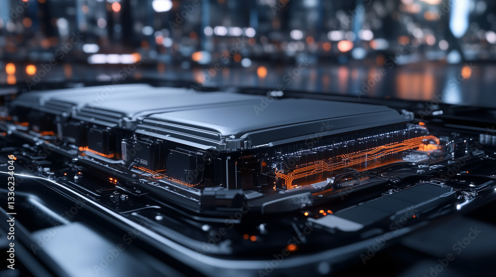An inside look at an electric vehicle battery pack, featuring multiple interconnected cells, secured connectors, and advanced thermal regulation systems. An inside look at an electric vehicle battery pack, featuring multiple interconnected cells, secured connectors, and advanced thermal regulation systems.