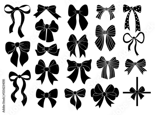 Vintage coquette aesthetic black ribbon bow silhouettes. Romantic girly vibe set. Vector illustration. Isolated decorative holiday elements on white background