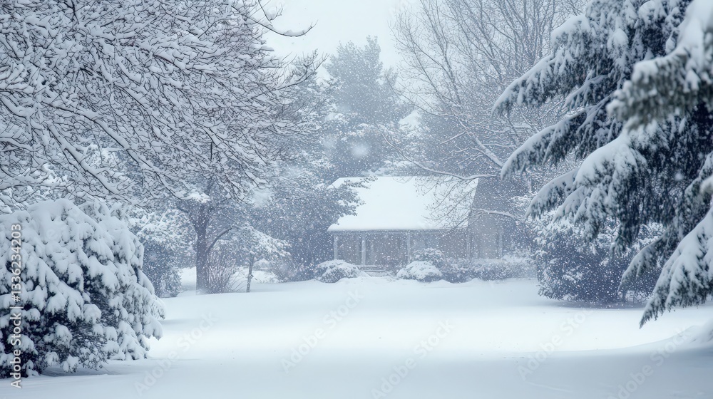 Naklejka premium The falling snow embraces everything it touches, creating a soft blanket of white that transforms the world into a peaceful, serene winter landscape.