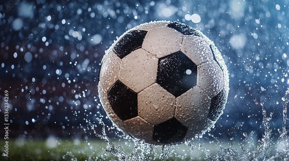 Fototapeta premium Soccer ball mid-kick with splashing water droplets, capturing dynamic energy and motion. 