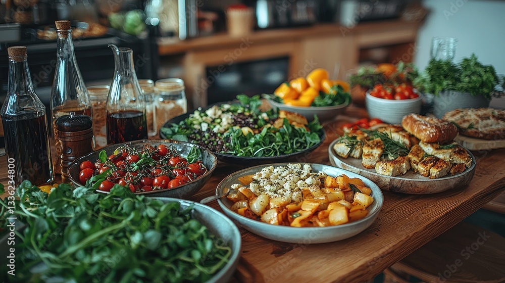 Obraz premium Abundant healthy food buffet on wooden table.