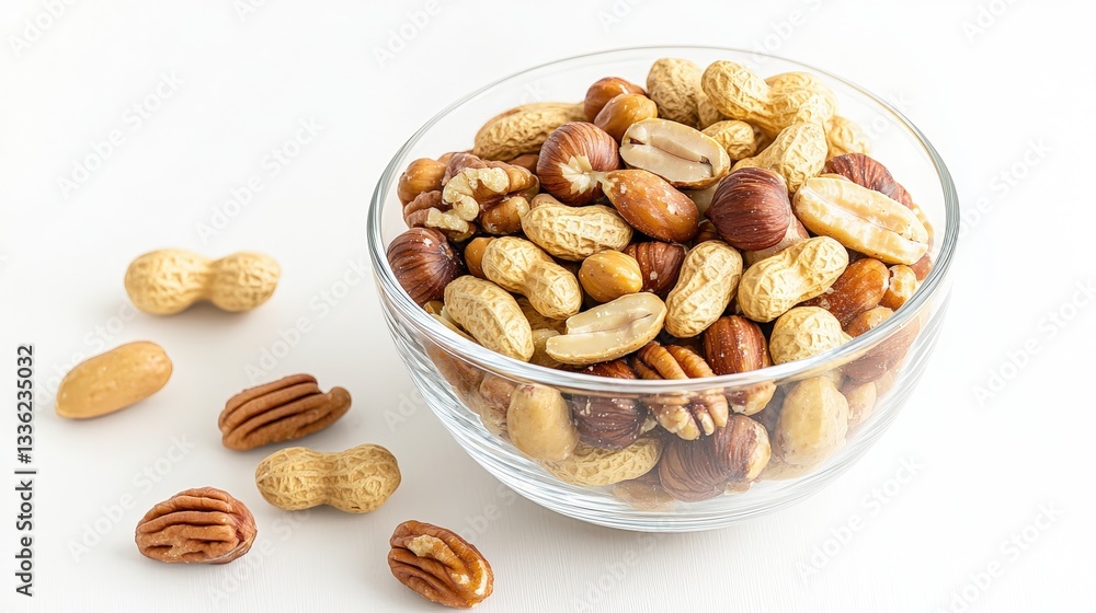 Artistic presentation of a clear glass bowl brimming with assorted mixed nuts featuring roasted peanuts, hazelnuts, and pecans, elegantly placed on a clean white backdrop that emphasizes the Artistic presentation of a clear glass bowl brimming with assorted mixed nuts featuring roasted peanuts, hazelnuts, and pecans, elegantly placed on a clean white backdrop that emphasizes the