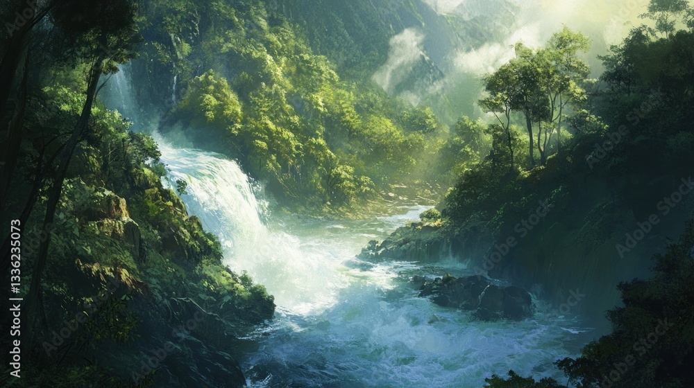 Lush jungle valley with cascading waterfalls and a rushing river current Lush jungle valley with cascading waterfalls and a rushing river current