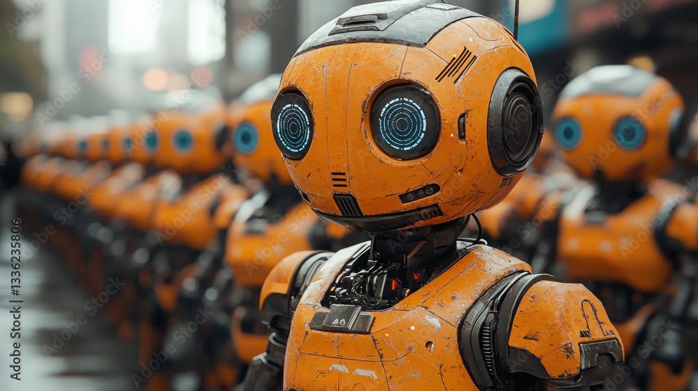 Orange robots standing in a row in city. Orange robots standing in a row in city.