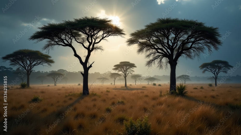 Obraz premium Savanna woodlands under a cold winter morning rain. Tall, sparse trees stand in mist, their silhouettes softened by the steady drizzle, creating a tranquil landscape.