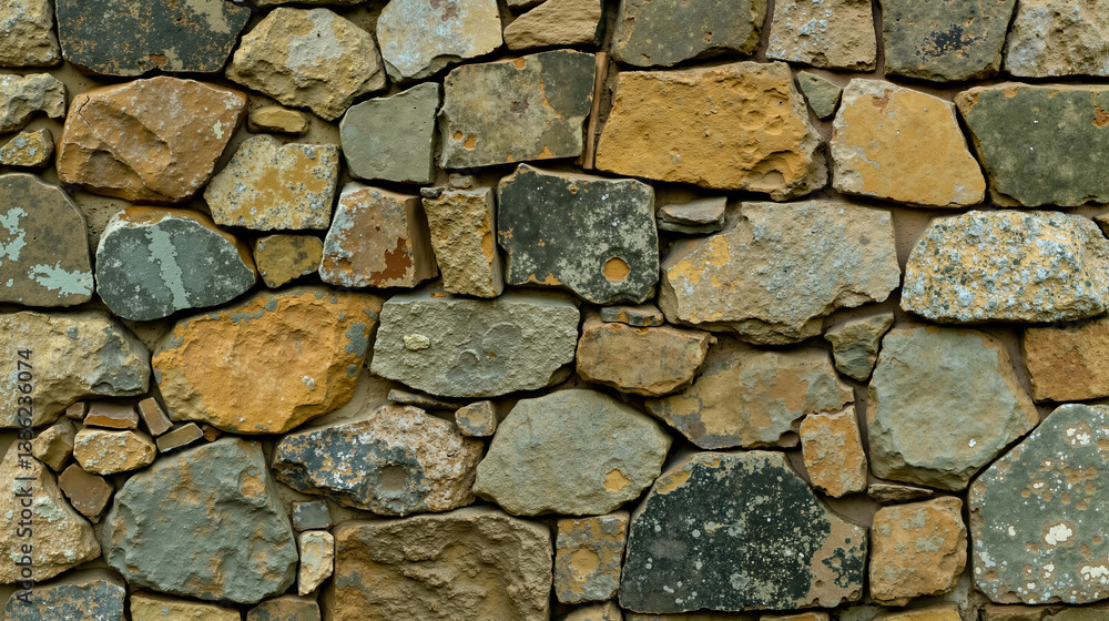 A stone wall with many different colored stones on it A stone wall with many different colored stones on it