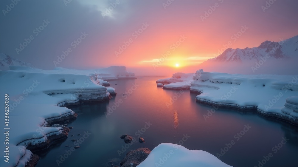 Professional photo of Subarctic shores. The atmosphere is sunset. The sky is foggy, and the scene feels hopeful, season is winter. Subarctic shores under a foggy sunset sky Professional photo of Subarctic shores. The atmosphere is sunset. The sky is foggy, and the scene feels hopeful, season is winter. Subarctic shores under a foggy sunset sky