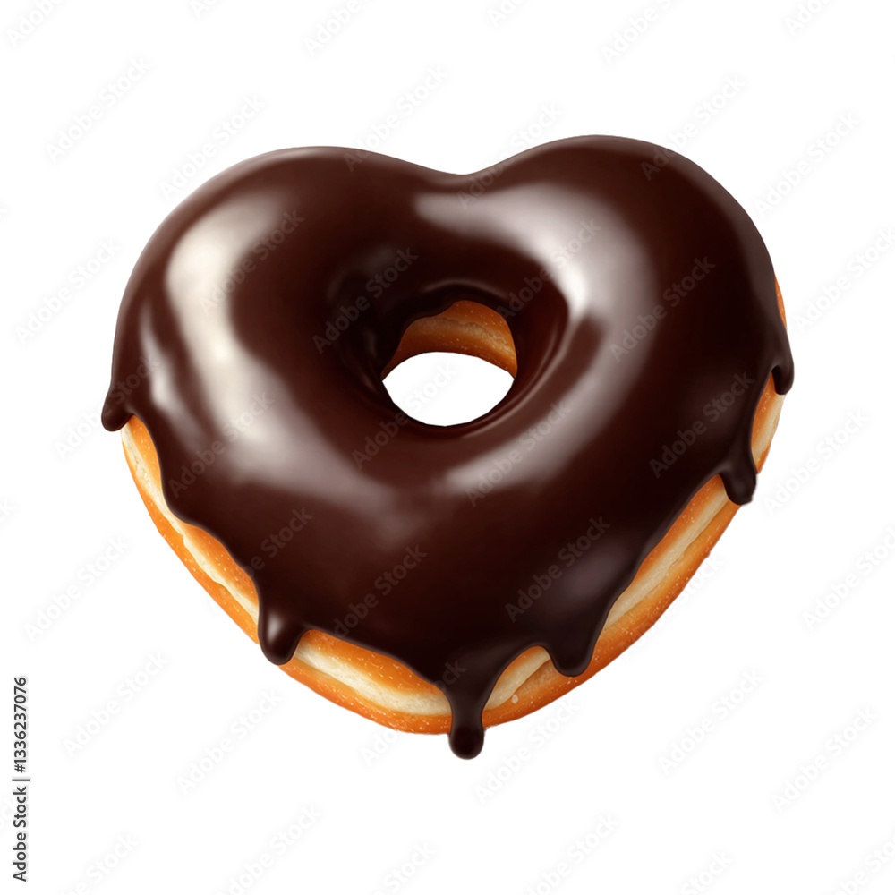 Heart shaped chocolate donut coated drizzled with dark chocolate syrup isolated on transparent background Heart shaped chocolate donut coated drizzled with dark chocolate syrup isolated on transparent background