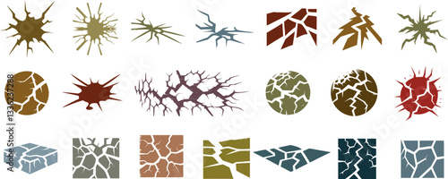 Crack, shatter, break texture vector set. Abstract grunge pattern, distressed surface, fracture design for background, overlay, graphic Vector illustration, rugged style, damage effect, rough terrain