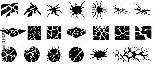 Crack and fissure silhouette set, shattered, broken, fracture, explosion, impact, destruction, burst, damage, shattered glass, cracked surface, abstract grunge distress hole, scratch texture vector
