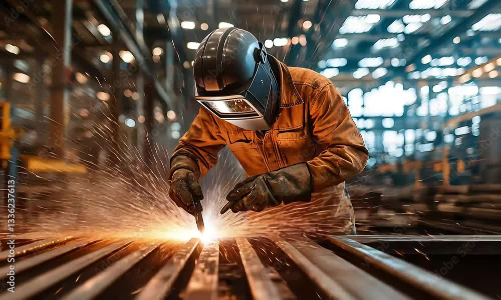 Welder joining metal parts in industrial environment Welder joining metal parts in industrial environment