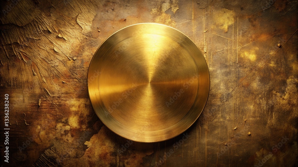 A Polished Golden Disk Rests on an Aged Metallic Surface with Textured Background A Polished Golden Disk Rests on an Aged Metallic Surface with Textured Background