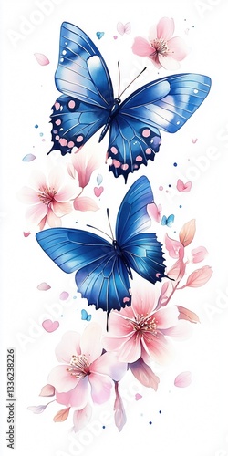 Obraz na płótnie Watercolor painting of two dark blue butterflies surrounded by soft pink flowers, delicate design on white paper, vertical layout w salonie