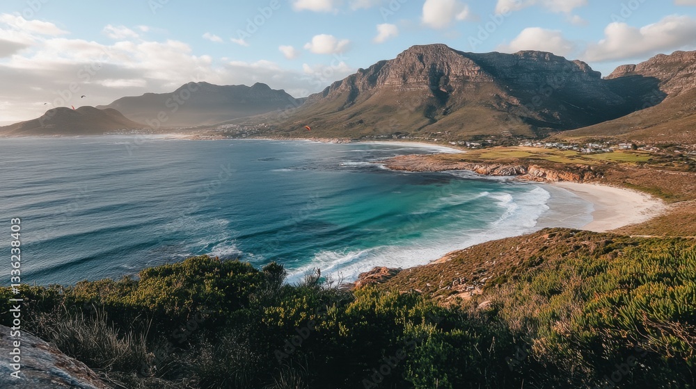 Fototapeta premium A scenic paragliding launch point on a high cliff, overlooking a vast coastline and endless blue skies.