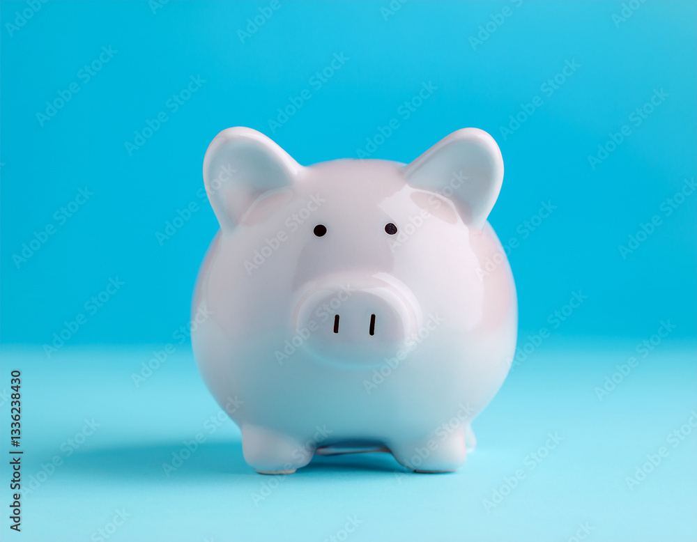 Cute ceramic piggy bank against pastel blue background. Finances, money and savings concept. Cute ceramic piggy bank against pastel blue background. Finances, money and savings concept.