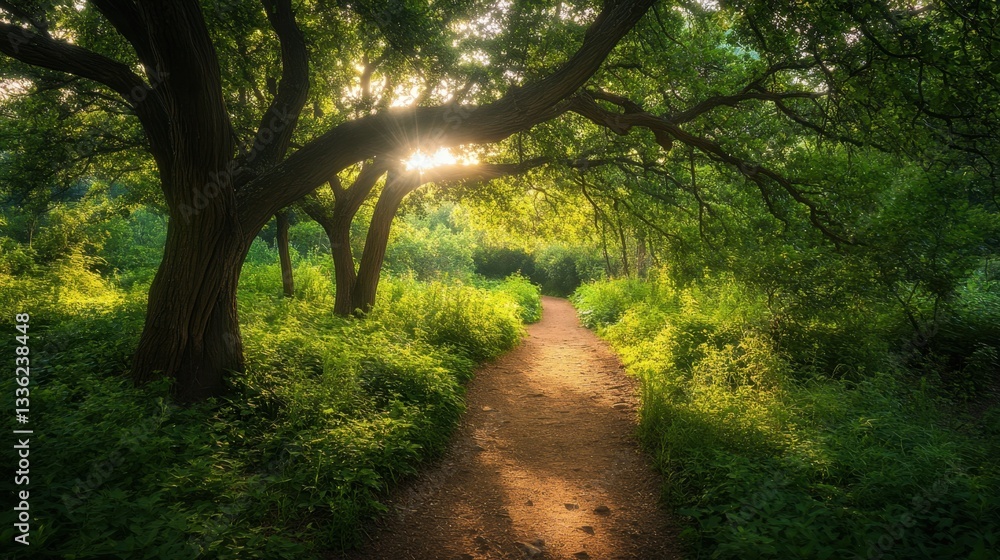 Naklejka premium A scenic nature trail with lush greenery, perfect for mindful walking and reconnecting with nature.