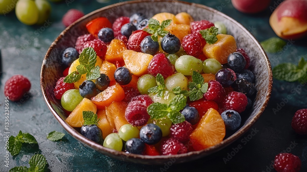 Fresh fruit salad in bowl with mint. Fresh fruit salad in bowl with mint.