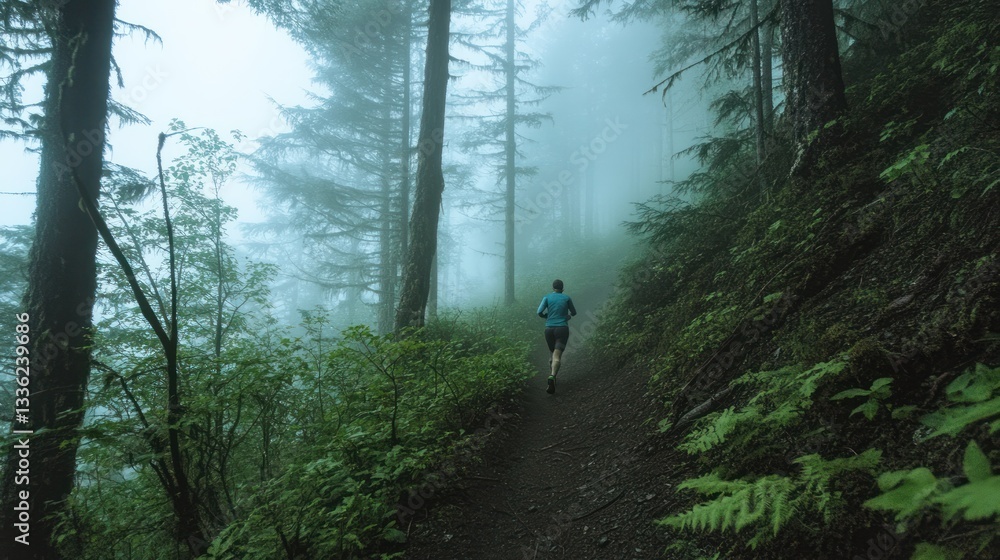 Trail runner disappearing into the misty depths of a dense forest landscape Trail runner disappearing into the misty depths of a dense forest landscape