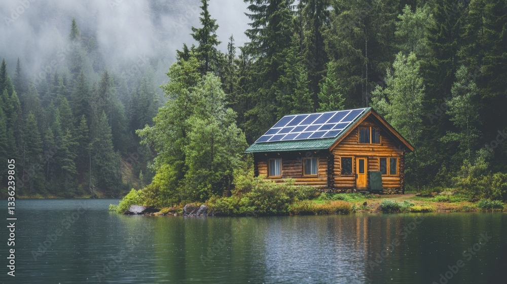 Fototapeta premium A small nature conservation hut with solar panels, located deep in an eco-tourism forest reserve.