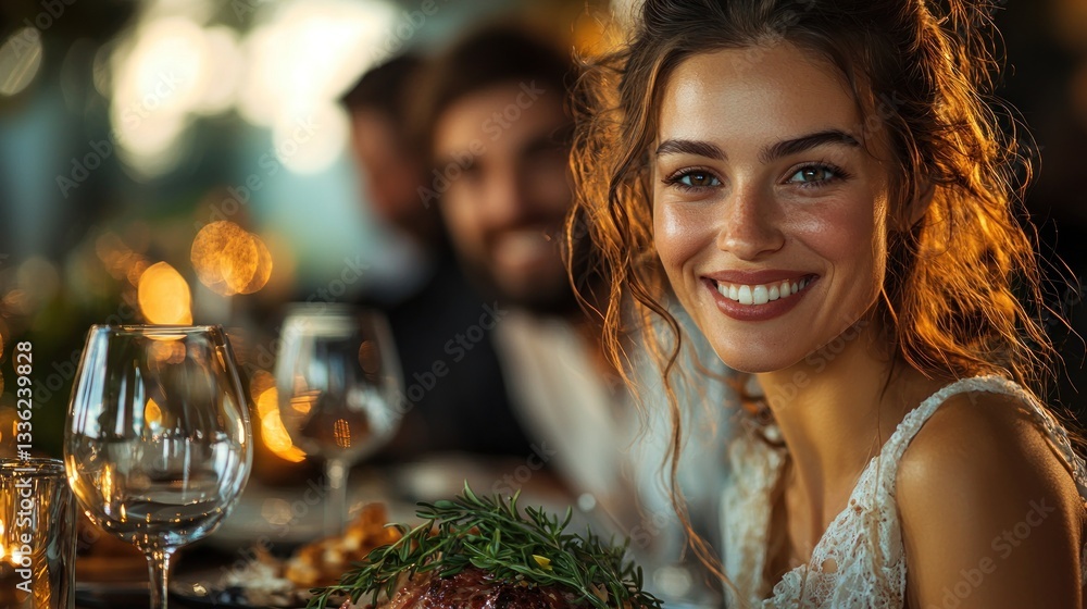 Smiling woman at dinner party with friends. Smiling woman at dinner party with friends.
