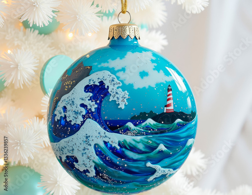 Fused glass ornament with swirling ocean waves, capturing the essence of a coastal lighthouse holiday, evoking maritime charm.