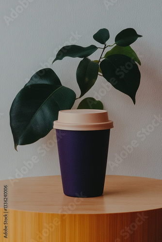 Reusable bamboo coffee cup on a wooden table.